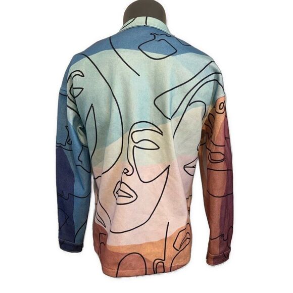 Mens RARE Blue Pink Brown Contemporary Art Long Sleeve Button Down Jacket L - Picture 2 of 3